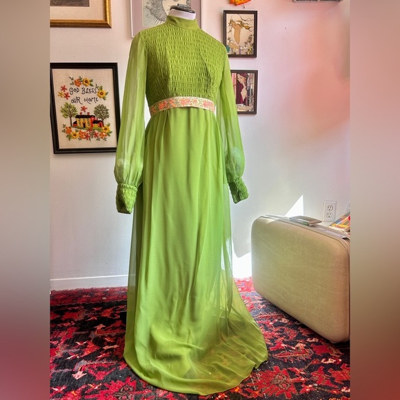 1970s Chartreuse Chiffon Victorian Medieval Revival Maxi Dress Gown - Picture 2 of 9